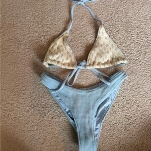 Frankie’s Binkinis- Two-Tone Triangle Bikini Set in Cream and Light Blue